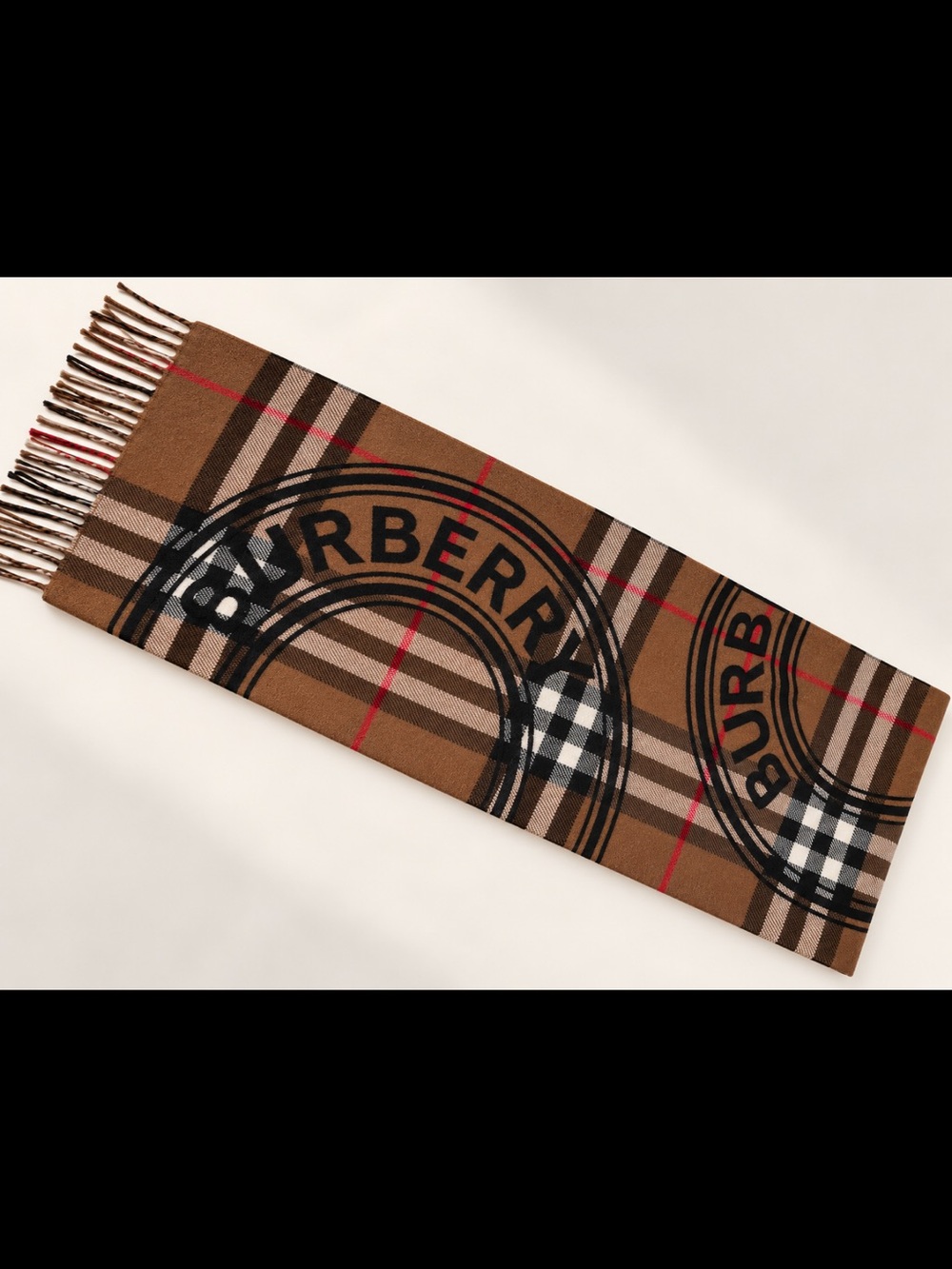 Burberry Brown Plaid Logo Scarf with Black and Red Accents